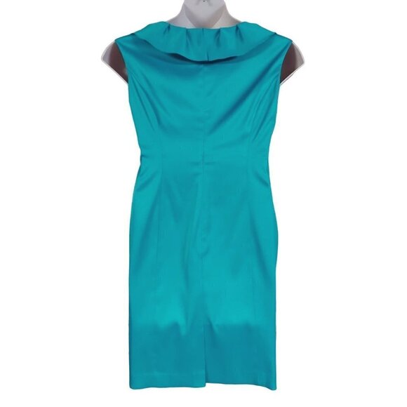 Evan-Picone Petite Green Satin Ruffle Neck Sleeveless Formal Sheath Dress - Picture 2 of 7